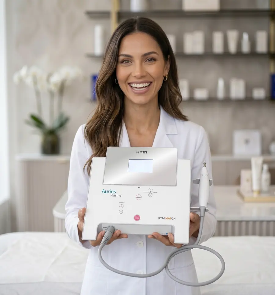 Profissional segurando o equipamento de jato de plasma Aurius Plasma, da HTM