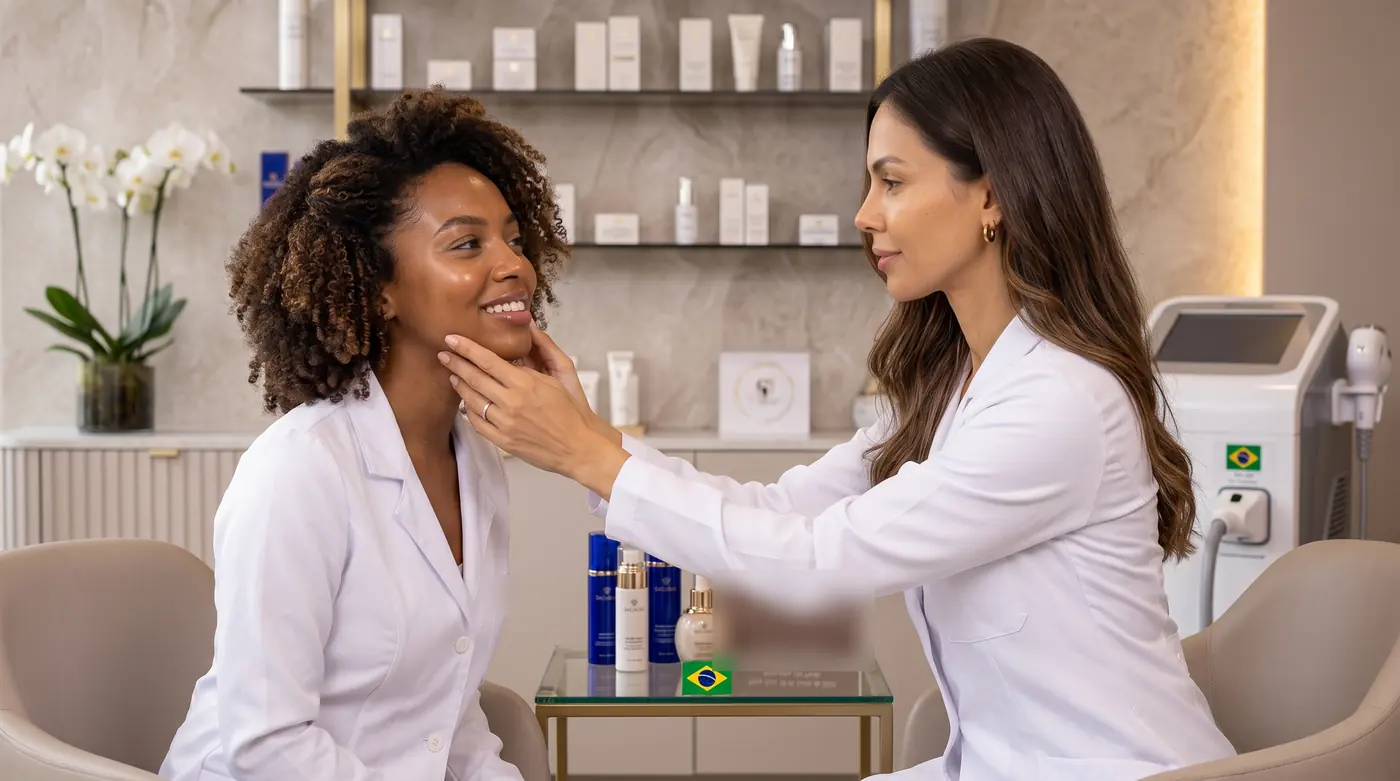 Profissional avaliando a pele de uma colega em consultório de estética