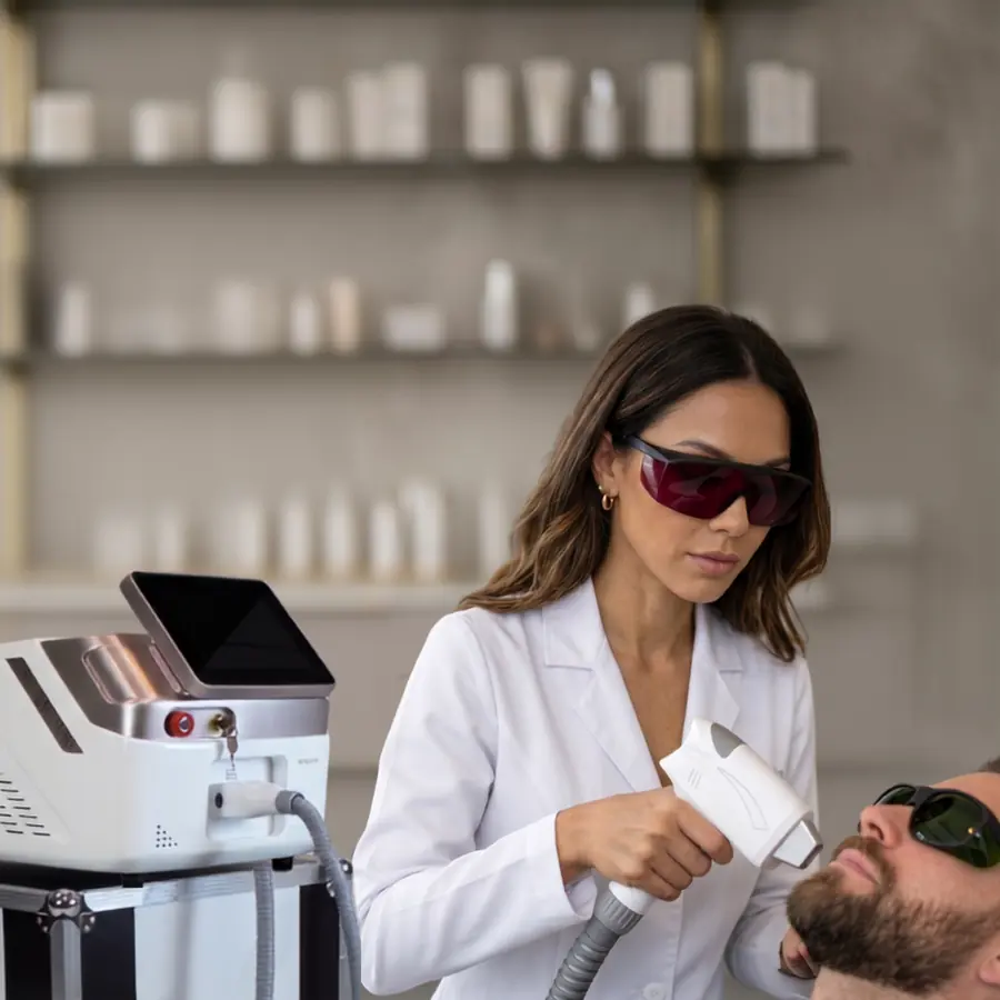 Profissional realizando depilação a laser em paciente, ambos com óculos de proteção