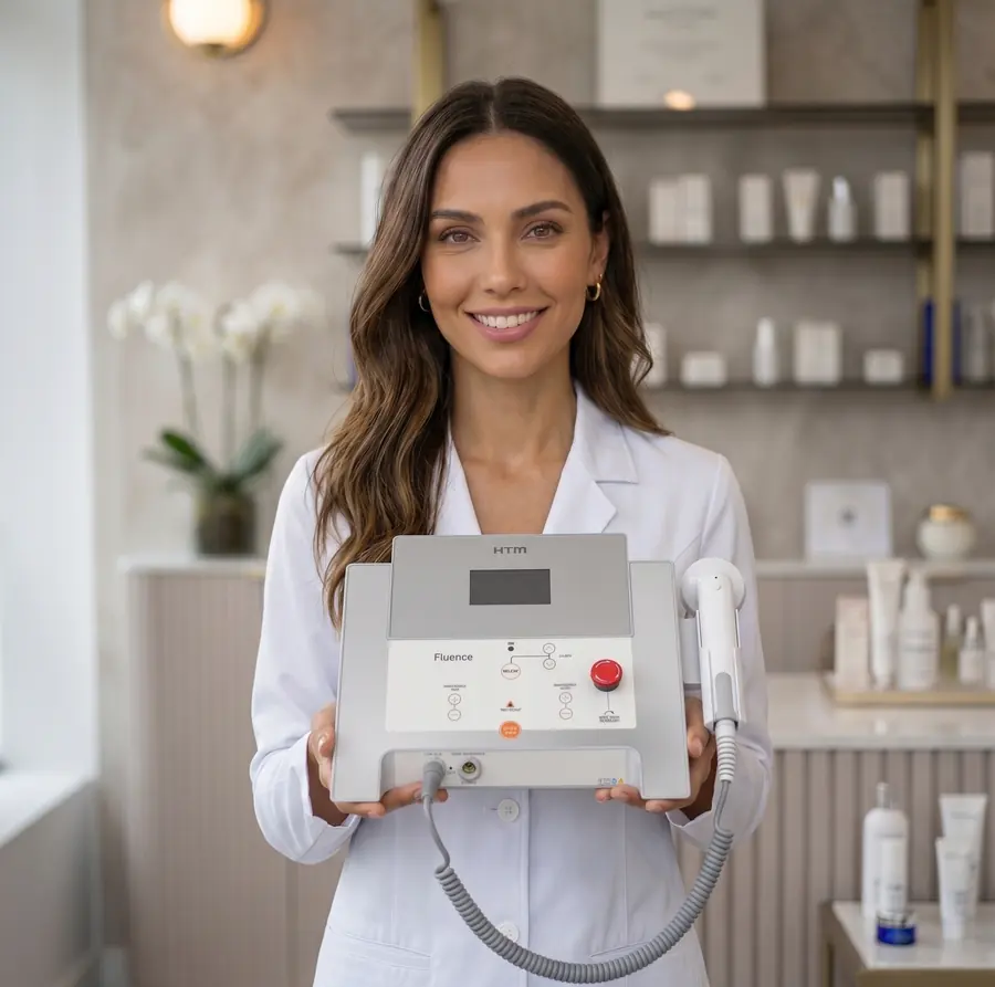 Profissional segurando o equipamento de LED e laser Fluence, da HTM