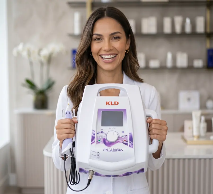 Profissional segurando equipamento de plasma da KLD
