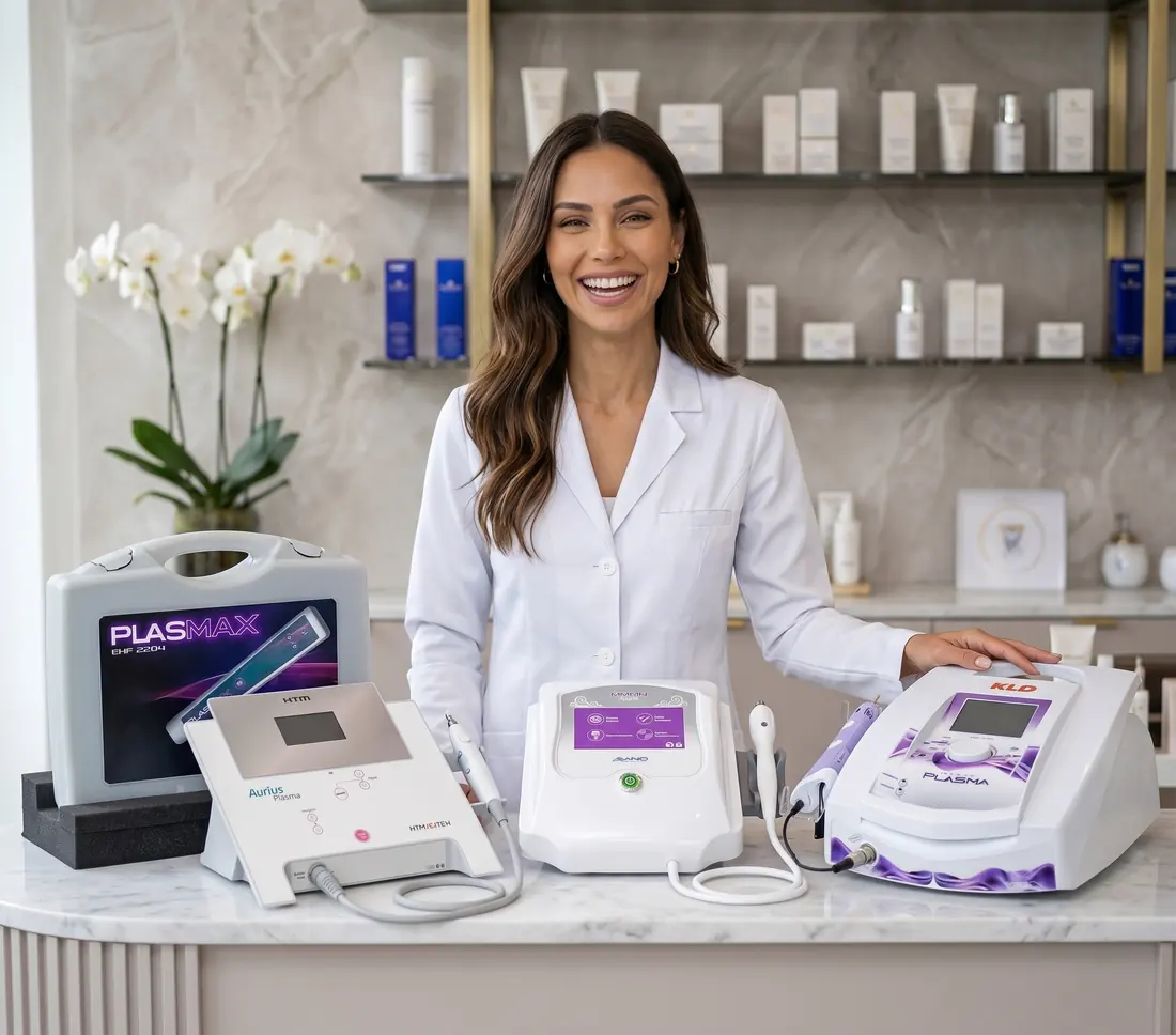 Profissional com uma linha de equipamentos de plasma de diferentes marcas sobre o balcão