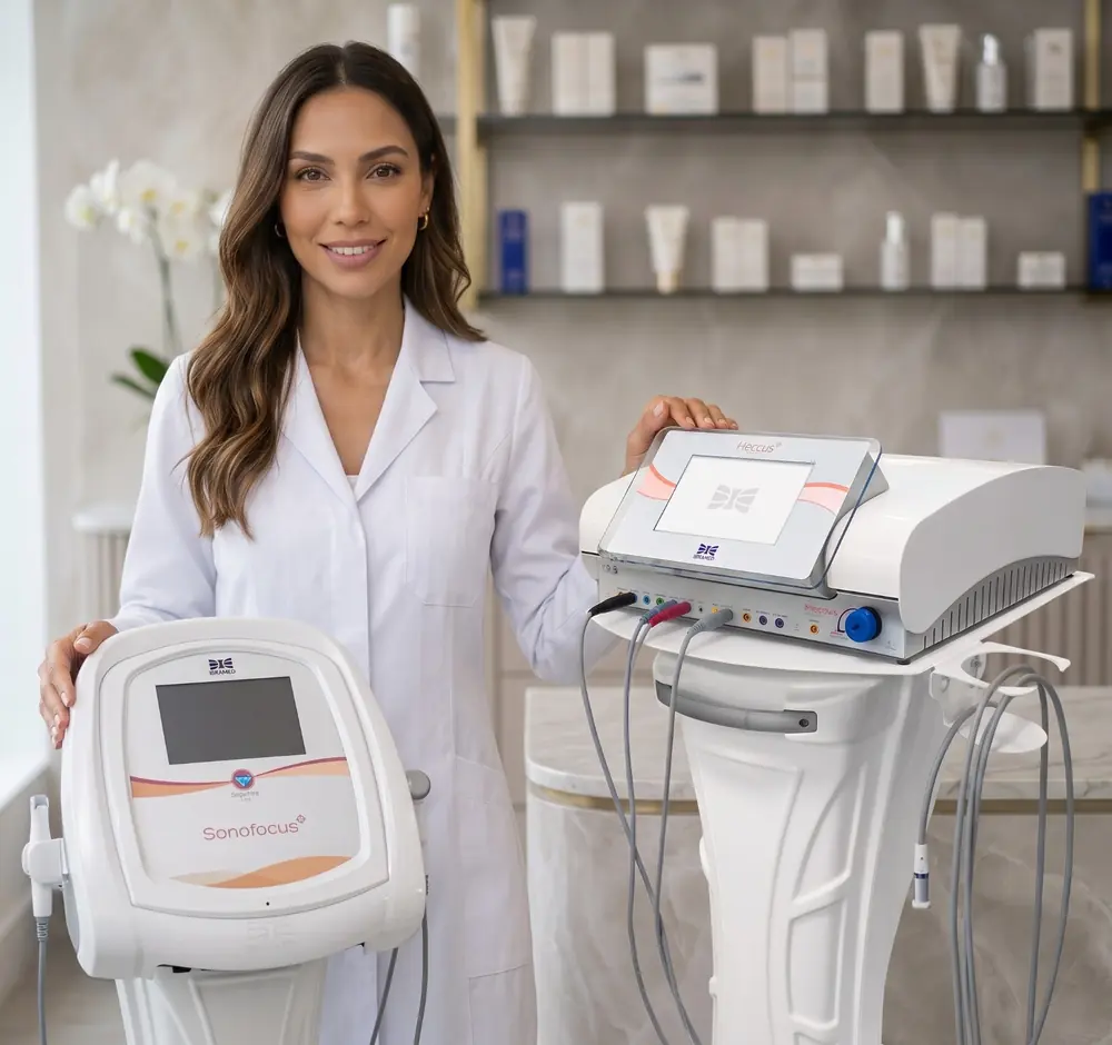 Profissional ao lado dos equipamentos Sonofocus e Heccus, da Ibramed