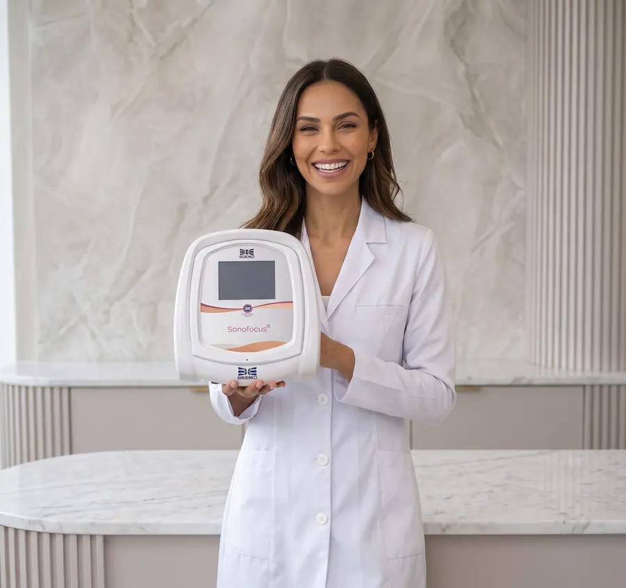Profissional segurando o equipamento Sonofocus, da Ibramed